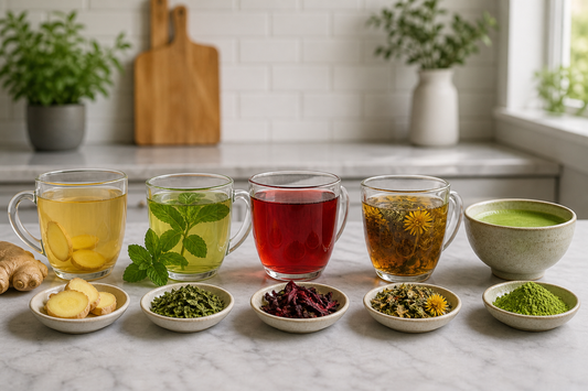 Five cups of tea with ginger, peppermint, hibiscus, herbal blend ingredients, and matcha on a kitchen counter.