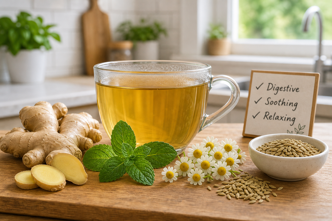 Glass cup of herbal tea with ginger root, peppermint leaves, chamomile flowers, and fennel seeds on a wooden table.