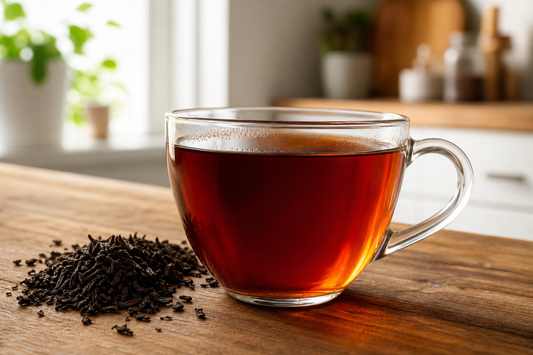 A glass cup of black tea with loose black tea leaves on a wooden table.