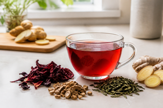 Glass cup of herbal tea with loose hibiscus, dandelion root, ginger, and green tea leaves on a counter