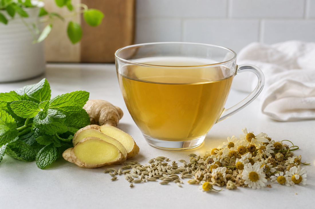 A glass cup of herbal tea with peppermint, ginger, fennel seeds, and chamomile on a table.