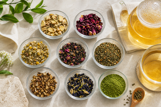 Loose-leaf herbal teas and matcha arranged in small bowls beside a teapot and cup.