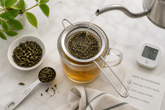 Loose leaf tea brewing setup with tea leaves, strainer, mug, and hot water being poured