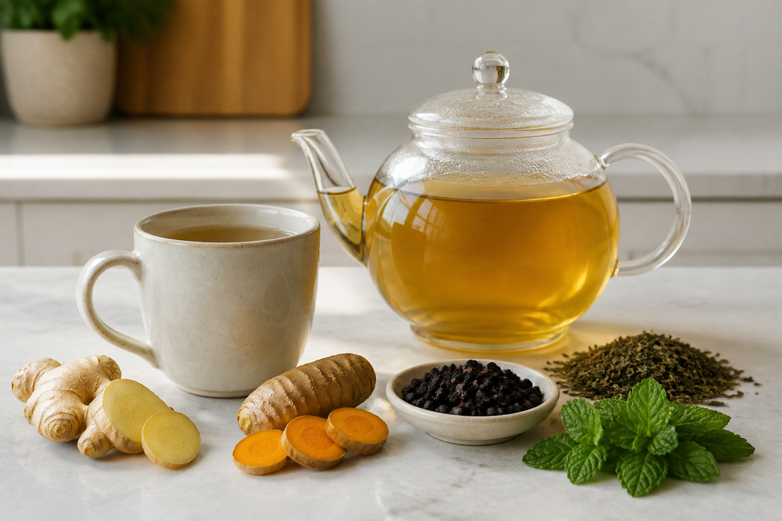Mug and glass teapot with herbal immune support tea beside ginger, turmeric, dried berries, mint, and loose tea leaves.