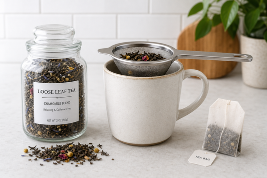 Loose leaf tea in a jar beside a tea strainer, mug, and tea bag for comparison