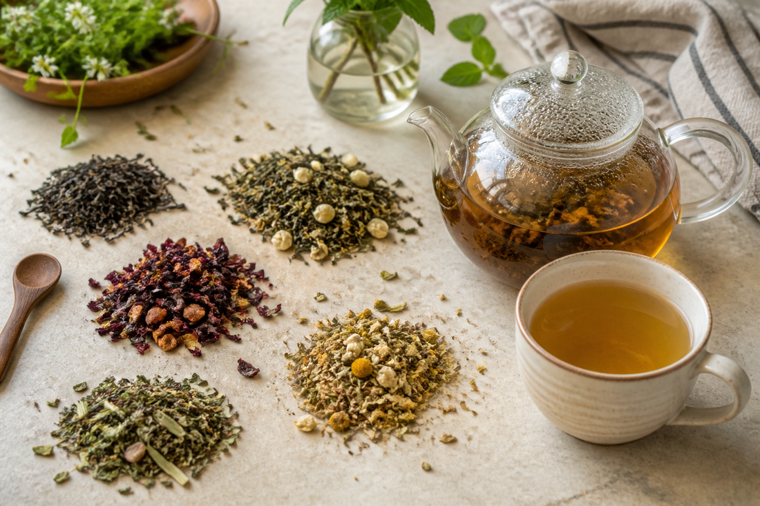 Loose leaf tea beside a glass teapot and cup on a kitchen surface.
