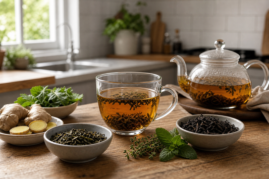 Glass cup of tea with loose tea leaves, ginger, and herbs on a wooden table