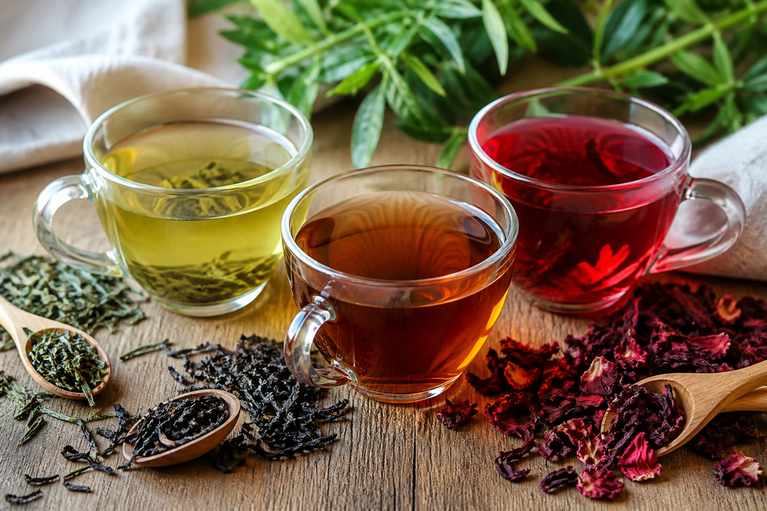 Glass cups of green tea, black tea, and hibiscus tea with loose tea ingredients on a wooden table