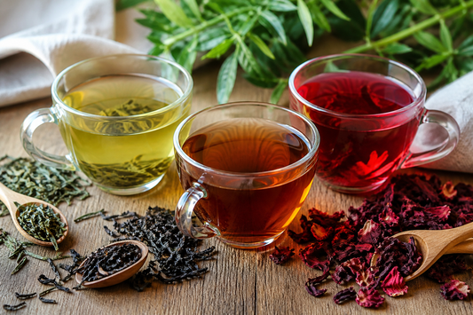 Glass cups of green tea, black tea, and hibiscus tea with loose tea ingredients on a wooden table